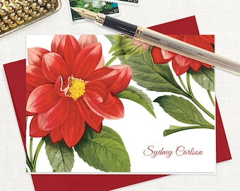 personalized stationery set - RED DAHLIA FLOWER - pretty botanical stationary floral garden vintage artwork - folded note cards set of 8