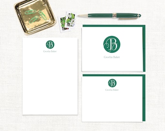complete personalized stationery set - REGAL MONOGRAM - custom monogrammed letter writing set - note cards and notepad stationary gift set