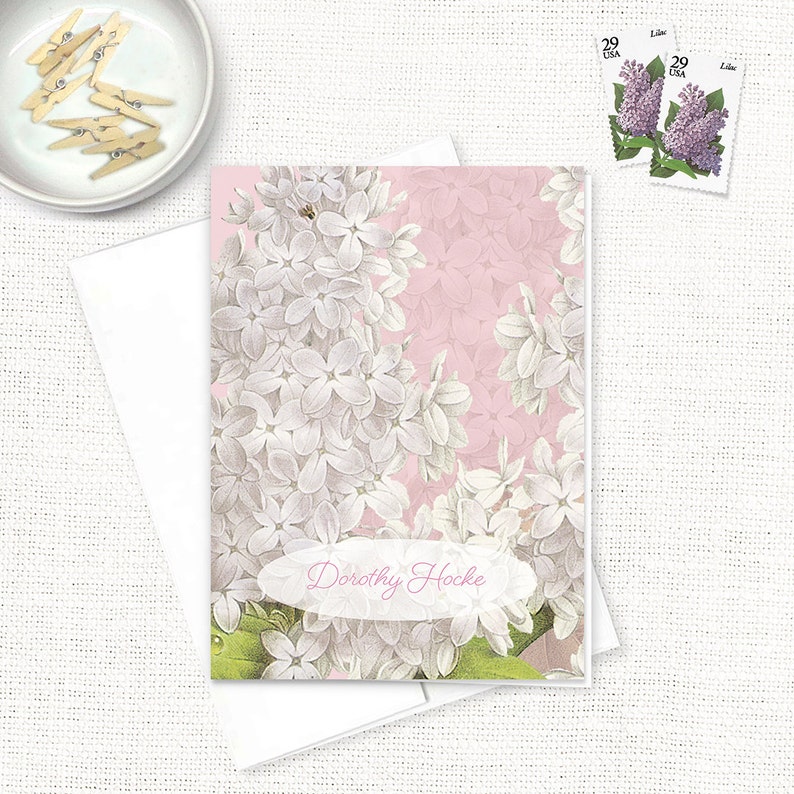 personalized stationery set GRANDMA'S LILACS in PINK pretty custom stationary vintage art floral flowers folded note cards set of 8 image 2