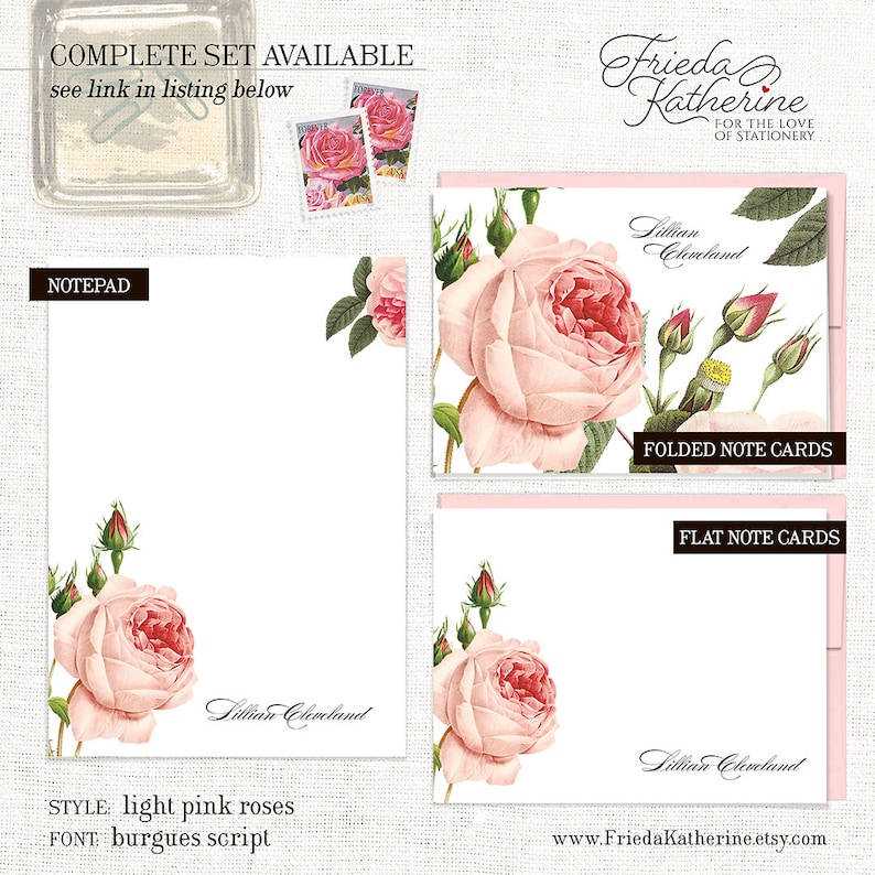 Personalized Flat Note Cards - LIGHT PINK ROSE - Flower Stationery ...