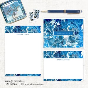 complete personalized stationery set vintage marble paper SABRINA BLUE custom modern note cards and notepad stationary gift set image 3