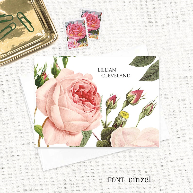 personalized stationery set LIGHT PINK ROSE flower stationary floral botanical rose garden folded note cards set of 8 image 3