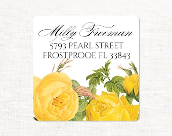 personalized return address label - YELLOW ROSE - square label - address sticker - flower label - set of 48