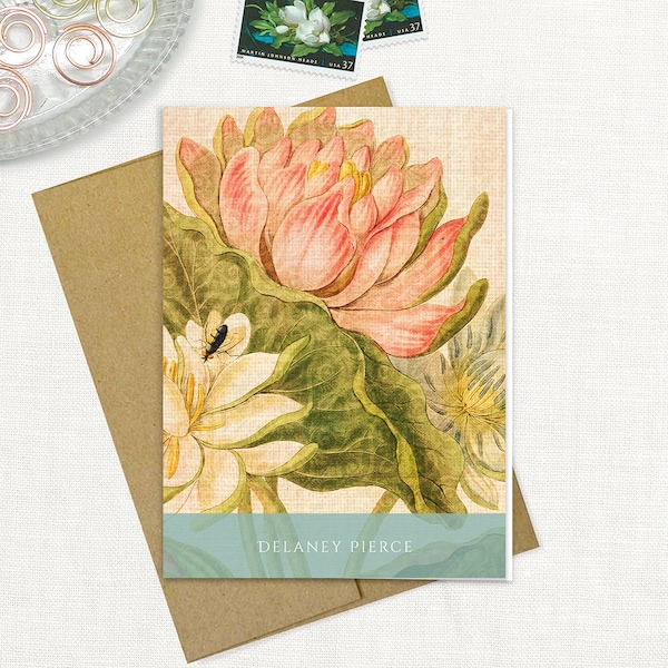 personalized stationery set - ANTIQUE LOTUS BLOOMS - pretty stationary vintage artwork floral pink flowers - folded note cards set of 8