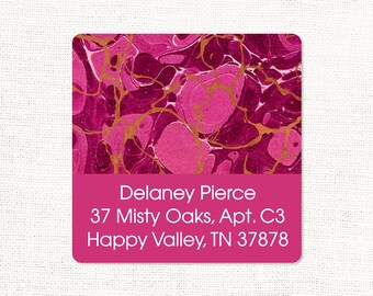 personalized return address label - vintage marble paper DELANEY MAGENTA - square label - address sticker - set of 48