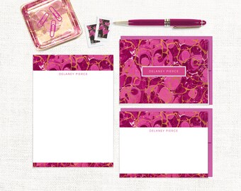 complete personalized stationery set - vintage marble paper DELANEY MAGENTA - colorful pink custom - note cards and notepad stationary set