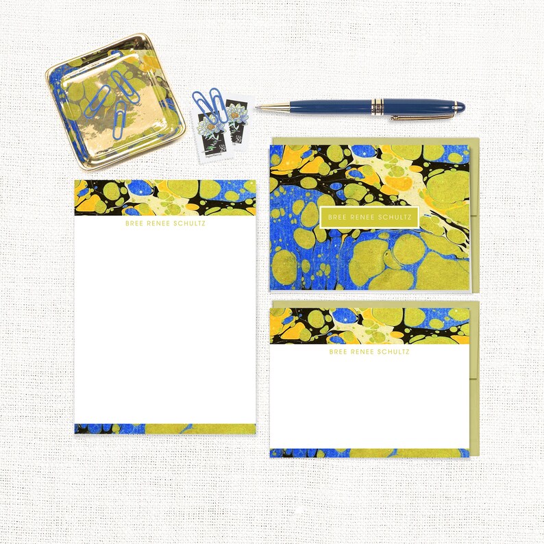 complete personalized stationery set vintage marble paper BREE CHARTREUSE blue and green note cards and notepad stationary gift set image 1