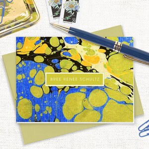 complete personalized stationery set vintage marble paper BREE CHARTREUSE blue and green note cards and notepad stationary gift set image 4