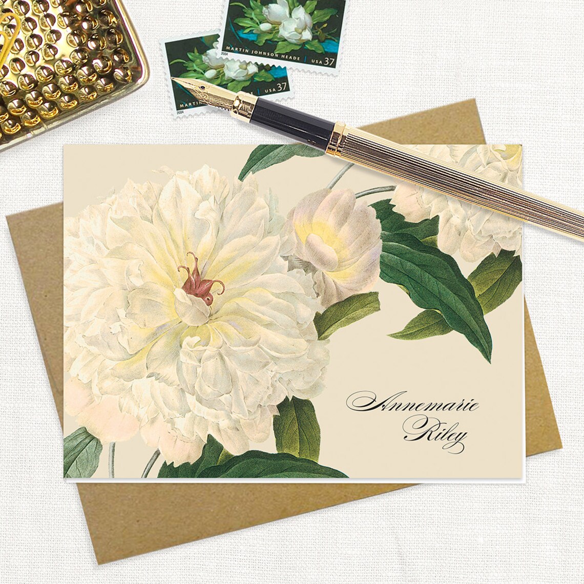 Personalized Stationery Set - WHITE PEONY - Pretty Natural Floral ...