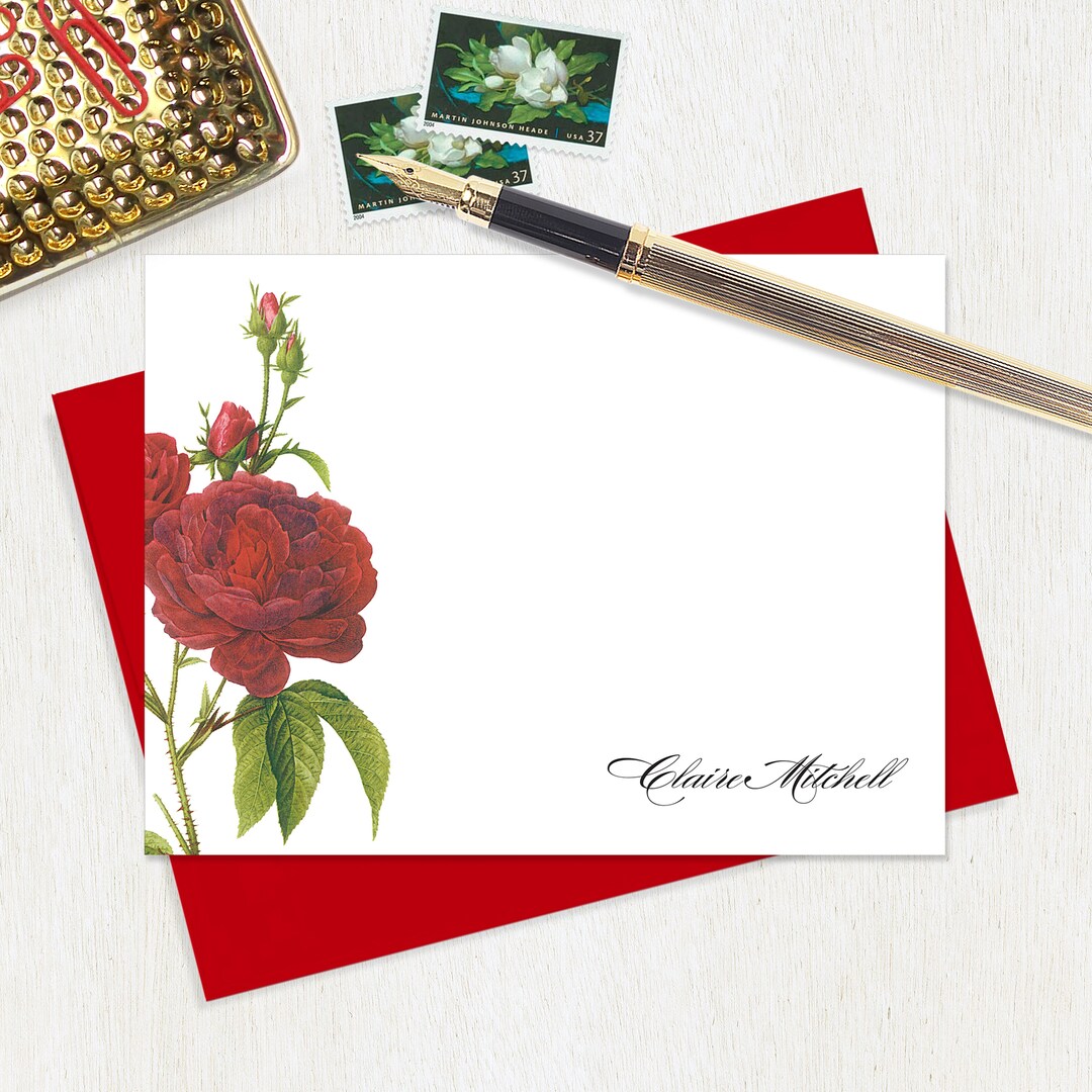 Personalized Flat Note Cards - DARK RED ROSES - Floral Stationery ...