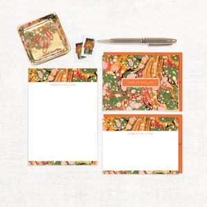 complete personalized stationery set - vintage marble paper KINSLEY ORANGE - customized colorful - note cards and notepad stationary set