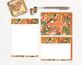 complete personalized stationery set - vintage marble paper KINSLEY ORANGE - customized colorful - note cards and notepad gift set