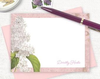 personalized note cards - GRANDMA'S LILACS in PINK - pretty feminine stationery flower stationary custom flower - flat note cards set of 12