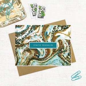 personalized stationery set vintage marble paper STACIE TEAL custom stationary feminine cards animal print folded note cards set of 8 image 2