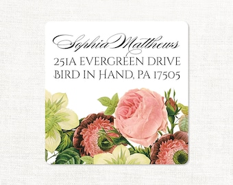 personalized return address label - FLOWER BOUQUET - square label - address sticker - pink rose label - set of 48