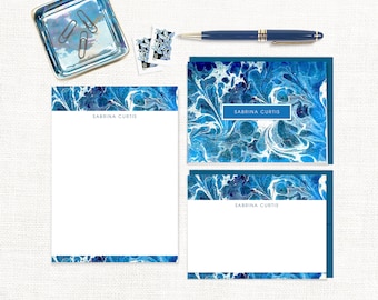 complete personalized stationery set - vintage marble paper SABRINA BLUE - custom modern - note cards and notepad stationary gift set