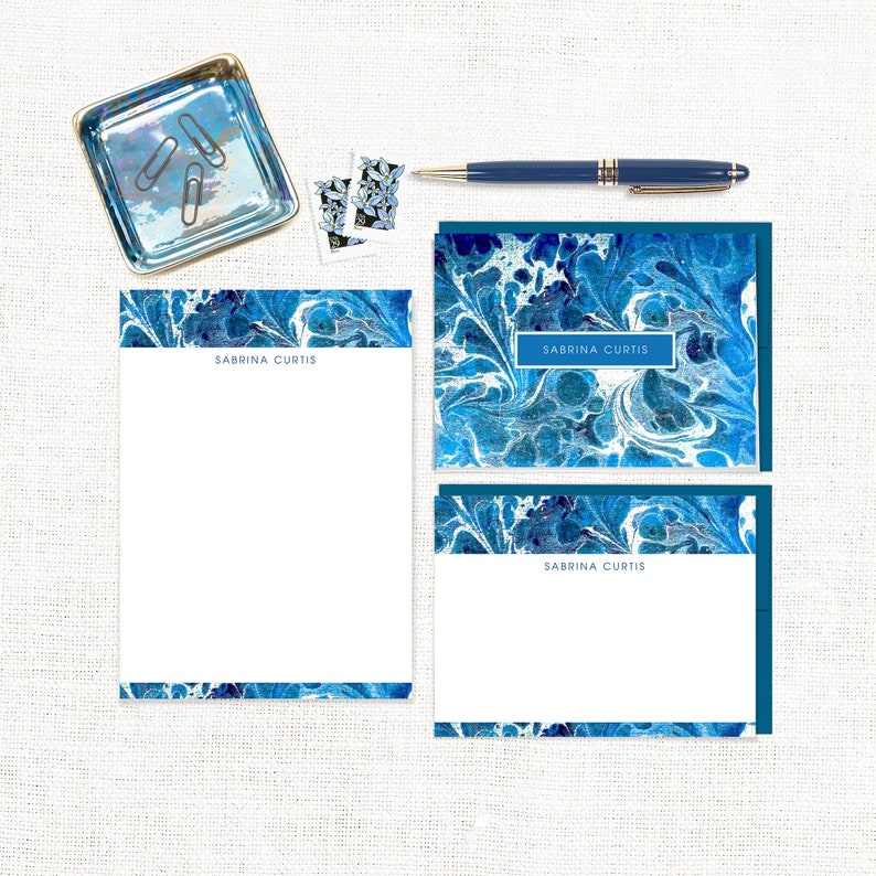 complete personalized stationery set vintage marble paper SABRINA BLUE custom modern note cards and notepad stationary gift set image 1