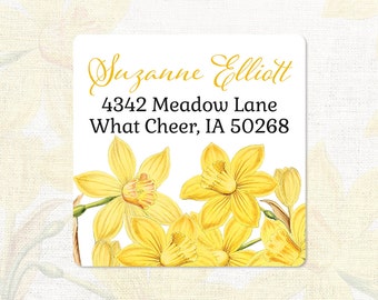 personalized return address label - YELLOW DAFFODILS - narcissus - square address label - address sticker - flower label - set of 48