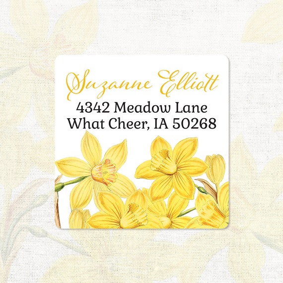 personalized return address label - YELLOW DAFFODILS - narcissus - square address label - address sticker - flower label - set of 48