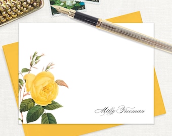 personalized flat note cards - YELLOW ROSE - botanical stationery floral stationary gold pretty letter writing - flat note cards set of 12