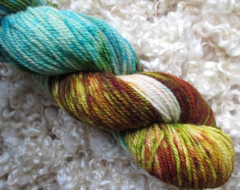 Tunis Yarn, Turquoise, Green & Brown Hand Painted, Speckled , 3 Ply worsted, 200 yd 4 oz Skeins, SE2SE, Shave Em to Save Em