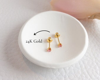 24K Gold October Birthstone Studs • october birthstone earrings • 3mm pink tourmaline studs • pink tourmaline earrings • gemstone studs