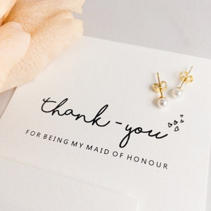 14 carats Merci d'avoir été ma demoiselle d'honneur Boucles d'oreilles en perles • cadeau de demoiselle d'honneur de remerciement • carte de remerciement de demoiselle d'honneur • cadeau de demoiselle d'honneur • clous de perles