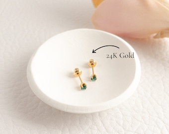 24K Gold May Birthstone Studs • may birthstone earrings • 3mm emerald studs • emerald earrings • may birthday gift • birthstone jewelry