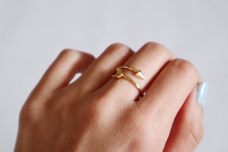 14K Gold Arrow Ring dainty ring stacking ring adjustable arrow ring arrow wrap ring arrow jewelry boho arrow ring midi ring image 1