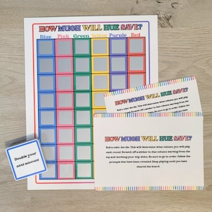 May include: A colorful game board with the text "HOW MUCH WILL HUE SAVE?" and a grid of squares in various colors. Includes instruction cards and a small card that says "Double your next amount."
