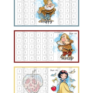 May include: Three printable budget tracker sheets featuring Disney characters. The first sheet features Happy the dwarf from Snow White, the second sheet features Sneezy the dwarf from Snow White, and the third sheet features Snow White. Each sheet has a grid of numbers for tracking savings.