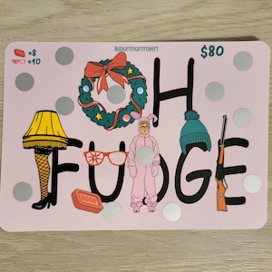 May include: A pink card with a Christmas wreath, a lamp, a pair of glasses, a person in a pink jumpsuit, a hat, a gun, and the words "Oh Fudge" in black. The card has a price tag of $80 and the words "Budgeting Introvert" in the top right corner.