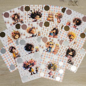 May include: A set of 16 pink and white birthday cards with a whimsical design featuring a girl with a birthday cake and party hats. Each card has a silver circle that can be scratched off to reveal a message.