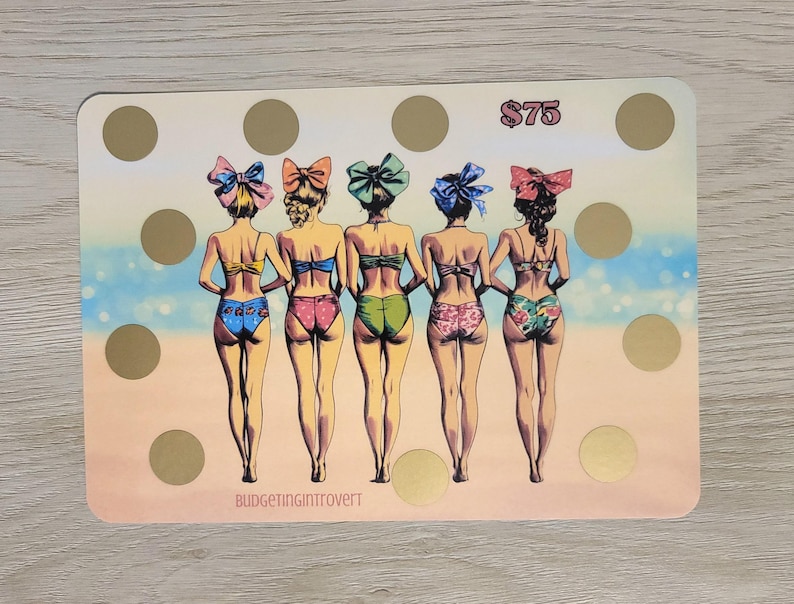 May include: A colorful illustration of five women in swimsuits standing on a beach with a polka dot pattern. The women are wearing different colored swimsuits and have different hairstyles. The text "$75" is at the top of the image.