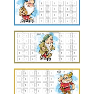 May include: Three colorful budgeting trackers featuring cartoon characters. Each tracker has a grid of boxes with numbers, and the characters are labeled "Bashful", "Sleepy", and "Doc". The trackers are designed to save $54, $48, and $42.
