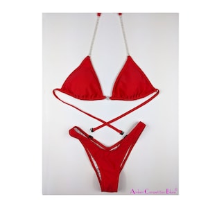 Red Figure Competition Bikini: Rhinestone Connectors, Practice Posing Suit