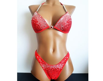 New, made to order crystal wellness competition bikini suit - Brilliant red