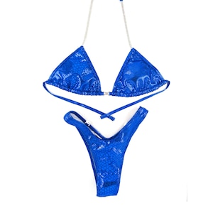 Shiny Blue Figure Competition Bikini: Rhinestone Connector Posing Suit