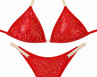 Bikini Posing Suit Shiny Red NPC IFBB Bikini for Bodybuilding and Fitness with connectors