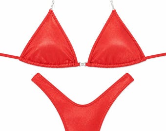Wellness Practice Bikini with Rhinestone Connectors | Posing Suit - Hologram red