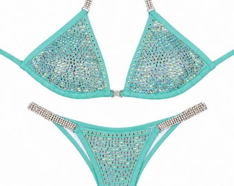 Crystal Competition Bikini Lustrous Light Blue NPC IFBB for Bodybuilding and Fitness