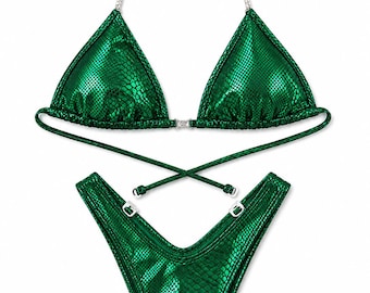 Figure and Physique Competition Bikini | Shiny Green Practice and Posing Suit