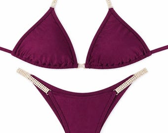 Bikini Posing Suit Wine NPC IFBB Bikini for Bodybuilding and Fitness with connectors