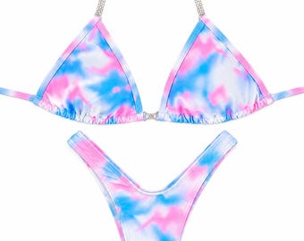 Wellness Practice Bikini with Rhinestone Connectors | Posing Suit - Tie dye blue and pink