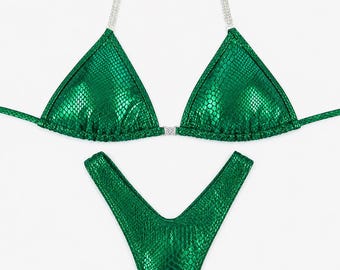 Wellness Practice Bikini with Rhinestone Connectors | Posing Suit - Shiny green