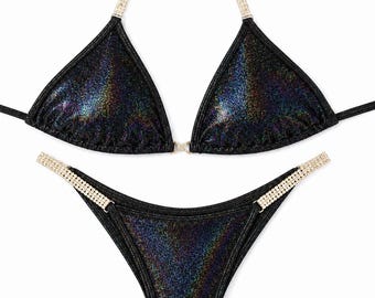 Bikini Posing Suit Shiny Black NPC IFBB Bikini for Bodybuilding and Fitness with connectors