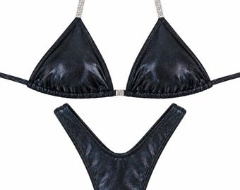 Wellness Practice Bikini with Rhinestone Connectors | Posing Suit - Hologram black