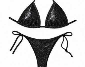 Bikini Posing Suit Shiny Black NPC IFBB Bikini for Bodybuilding and Fitness
