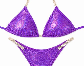 Bikini Posing Suit Shiny Purple NPC IFBB Bikini for Bodybuilding and Fitness with connectors