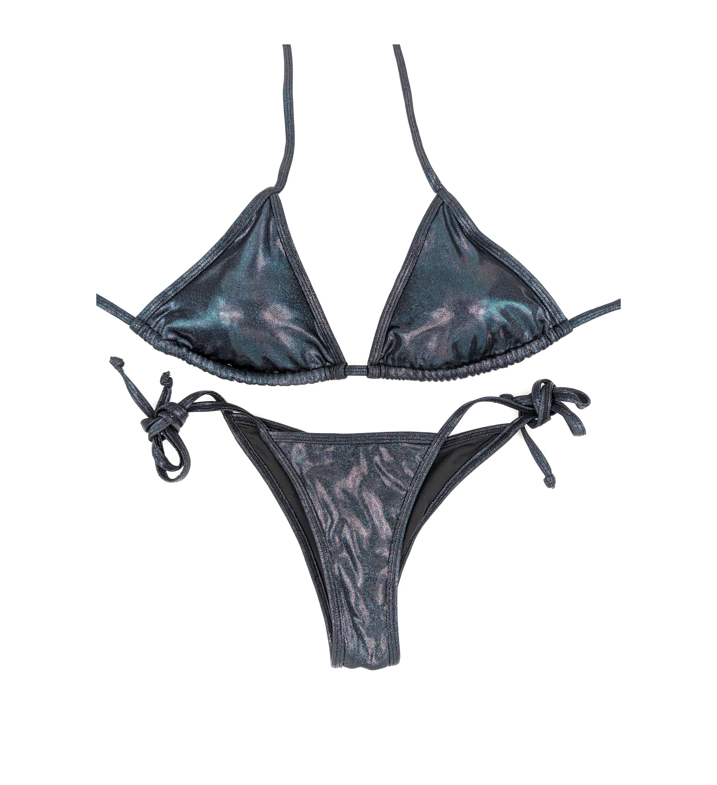 Hologram Black Competition Bikini: Padded Top, Tie Side Strings